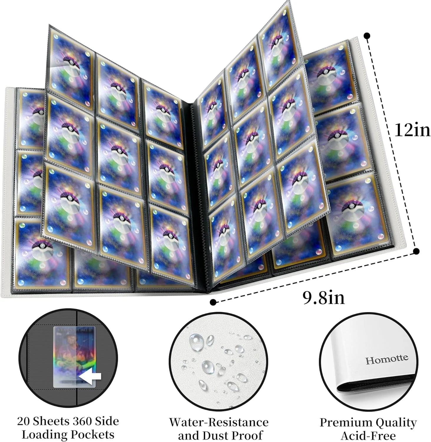 Trading Cards Binder,9 Pockets Trading Card Binder Sleeves , 360 Side Trading Card Holder Carrying Card Case Fit for Baseball Cards, Trading Cards, Football Cards(White)