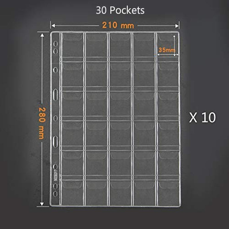 30 Pocket Coin Pages, 10 Sheets Plastic Coin Holders Stamp Collector Supplies